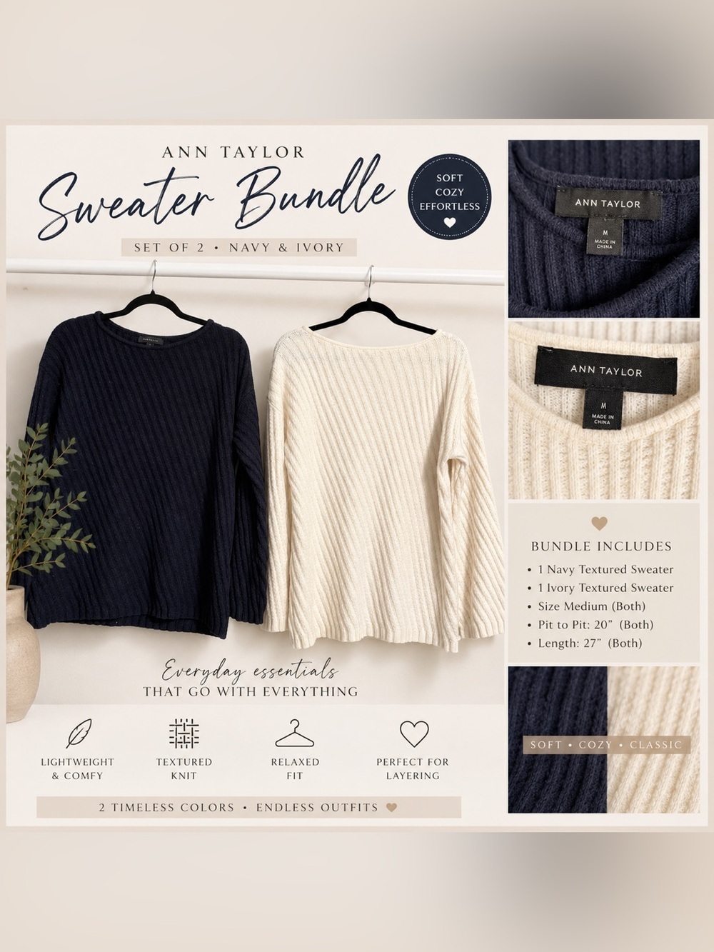 Ann Taylor Sweater Bundle - Navy & Ivory - Size Medium - Alpaca Blend - Capsule